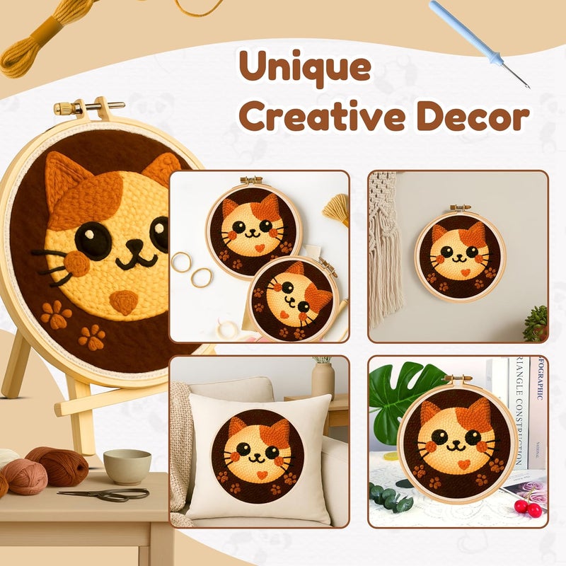 TEKWAVE Punch Needle Kit for Adults Beginners Cat Face Design, Step-by-Step Video Pre-Printed Pattern and Written Instructions, DIY Embroidery Set with Yarn, Fabric, Hoop for Home Decor Crafts - Image 5